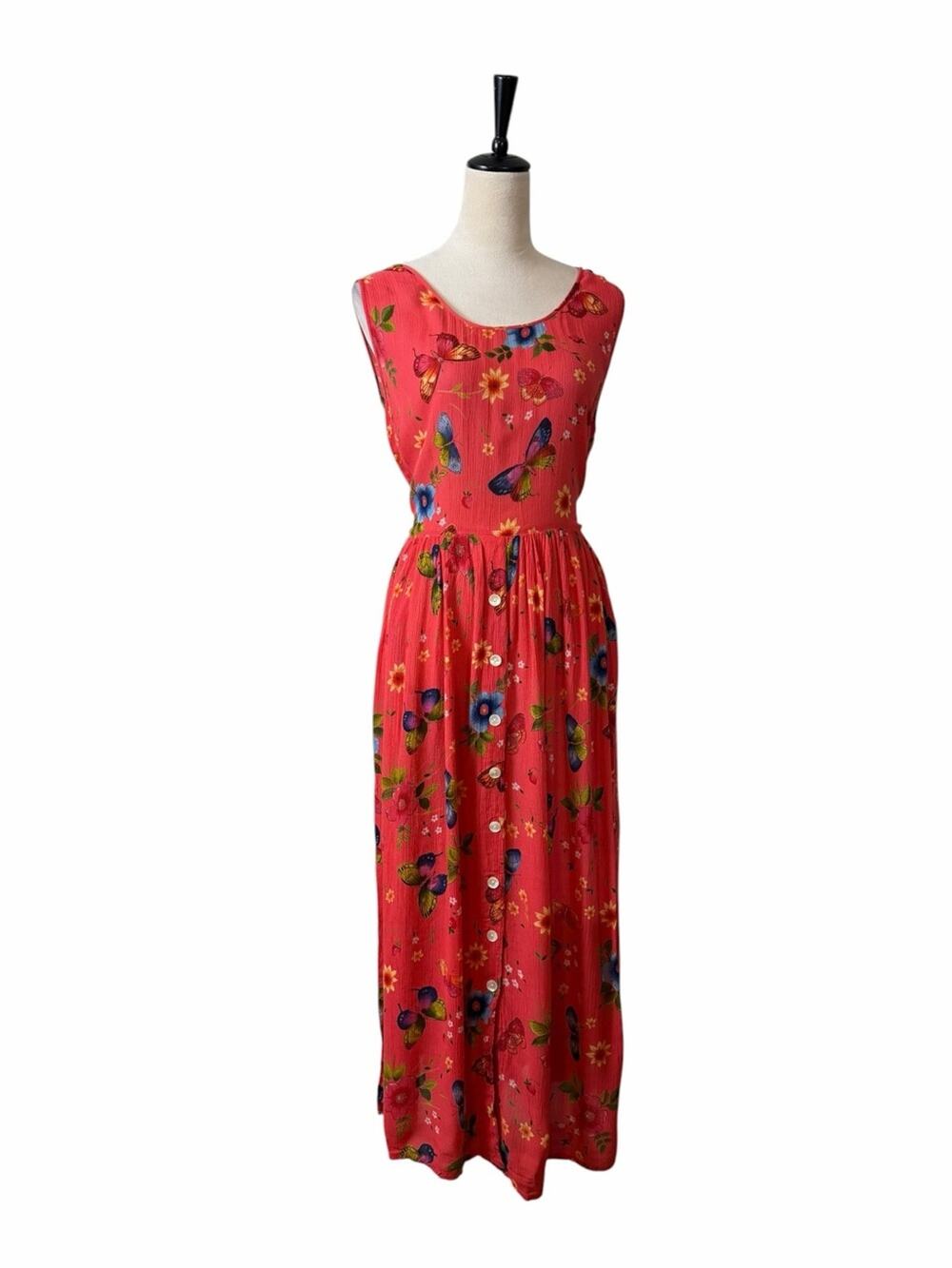 BILA Butterfly Floral Midi Dress Size M Crinkle Gauze Tie Back Coral Pink Boho